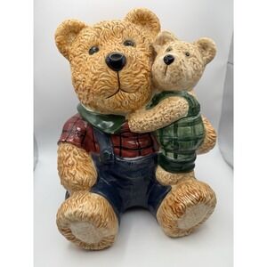 Papa Dad Teddy Bear Holding Small Bear Ceramic Cookie Jar Farmhouse Farm Grandpa